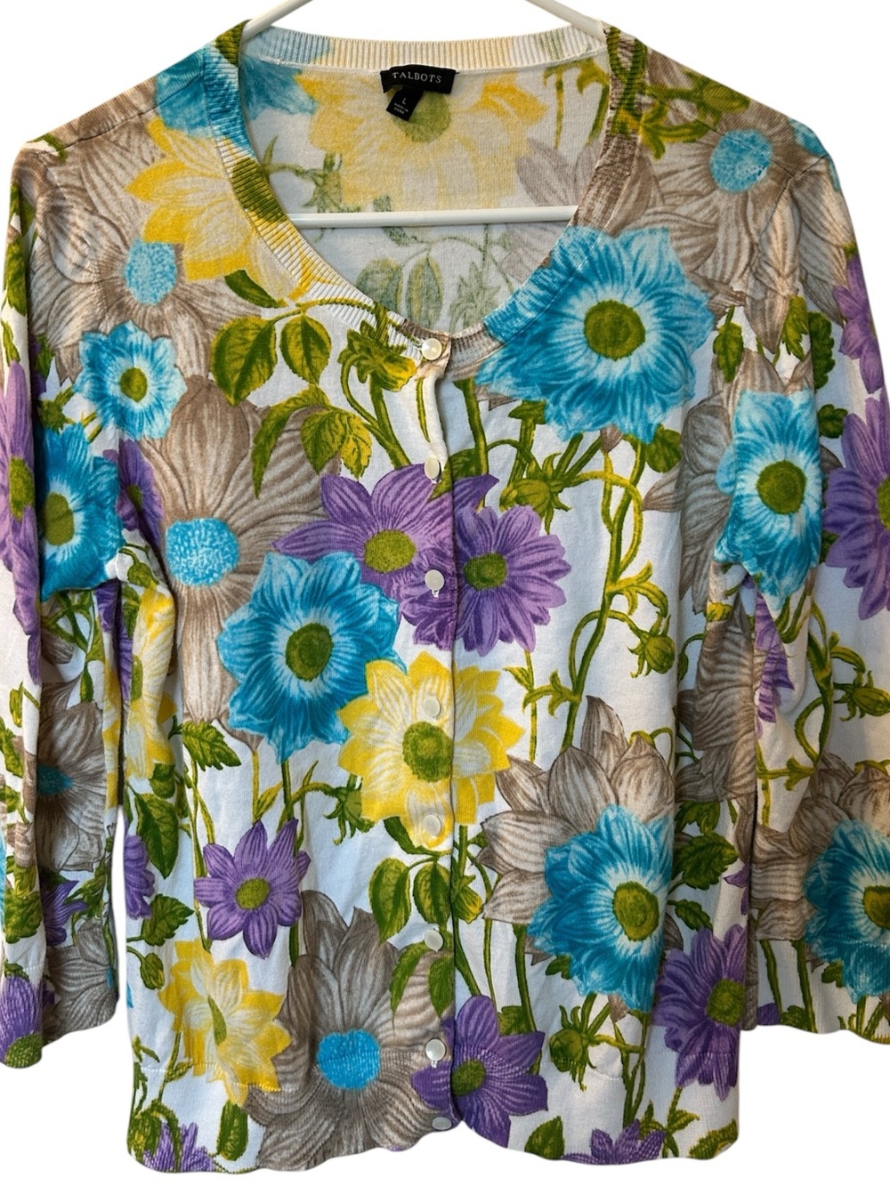 Talbots Multicolor Floral Cardigan - Blue, Purple, Yellow, Green, Tan